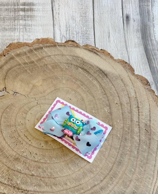 Blue Heart Bow Hair Clip with Owl Centre