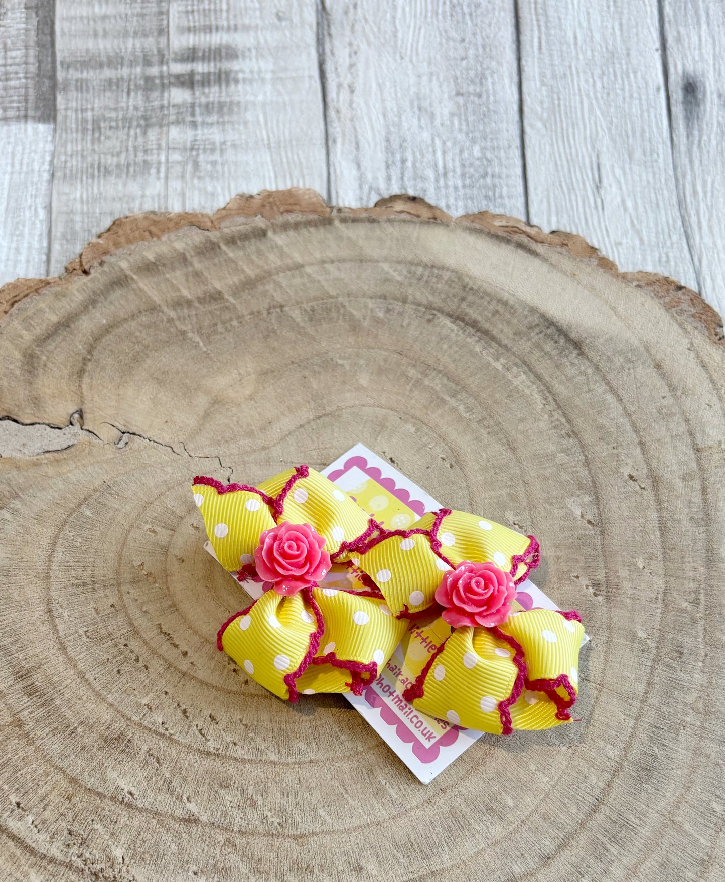 š Yellow Polka Dot Hair Bow Set with Rose Centre ā Set of 2 š