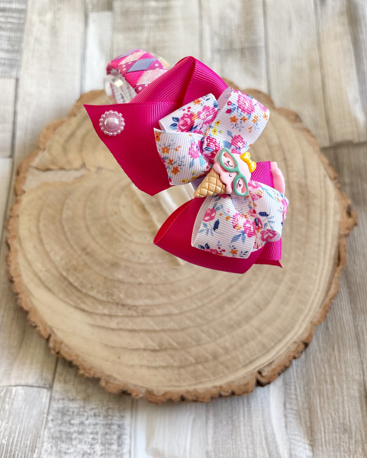 Pink Floral Ice Cream Bow Hairband – Handmade with Non-Slip Grip
