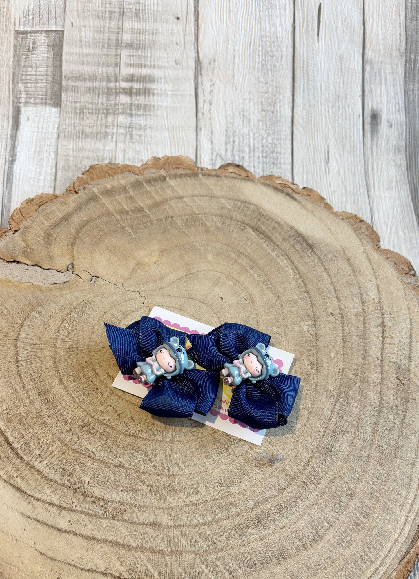 š Navy Bow Hair Clip Set with Cute Doll Centre š