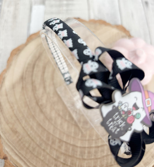 Black ghost trick or treat Halloween thin hairband handmade by Buttons and Bows view 2