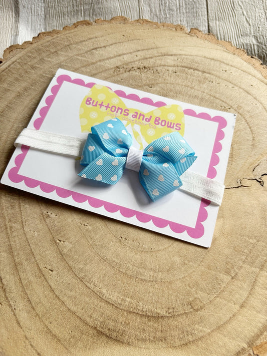 Blue and white heart bow baby headband