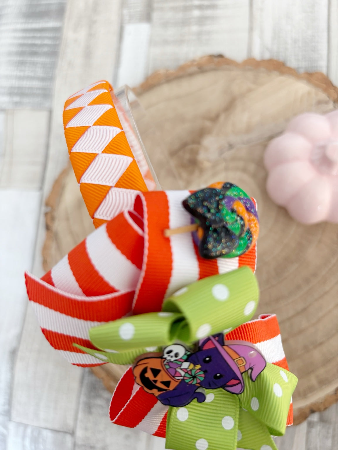 Orange green Halloween wide hairband handmade by Buttons and Bows