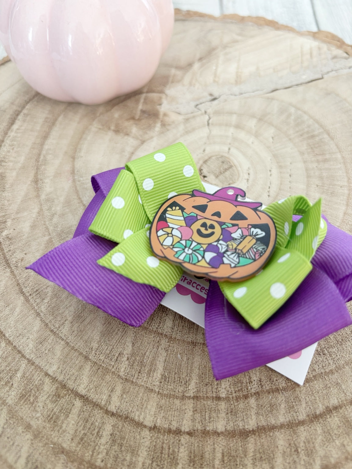 Purple and green Halloween candy pumpkin single bow handmade by Buttons and Bows view 3