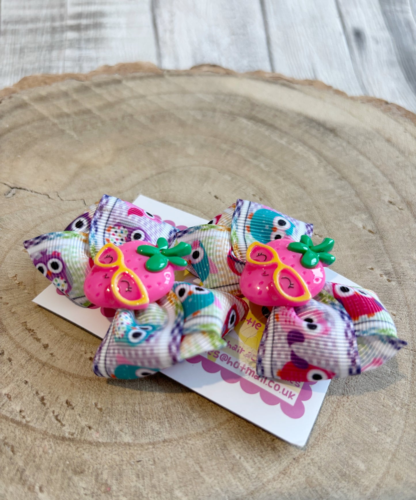 🦉 Owl & Strawberry Hair Bow Set – Set of 2 🦉