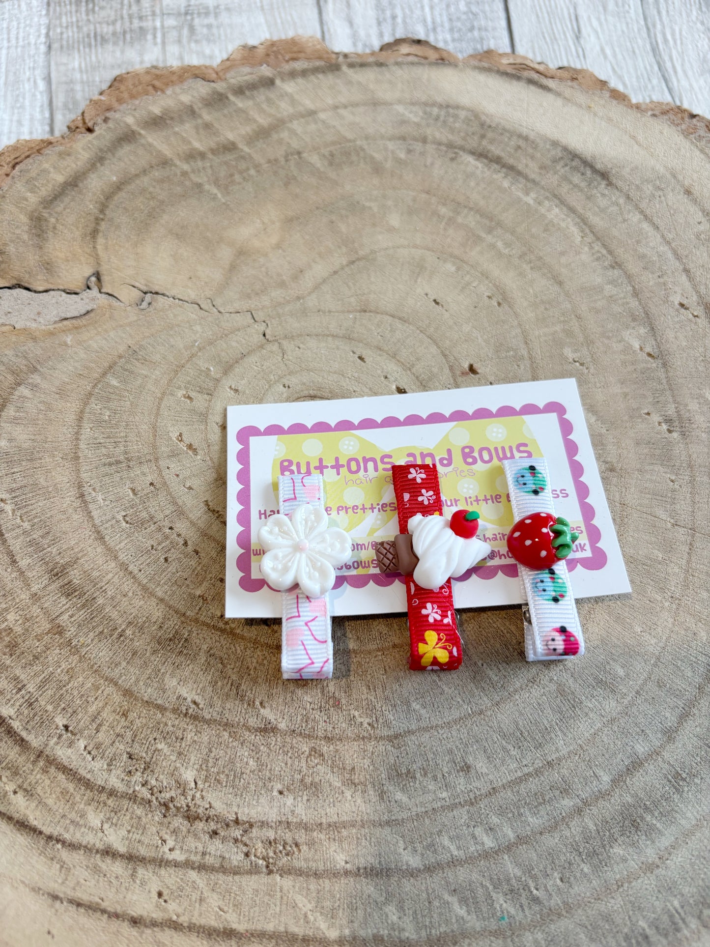 🍓 Sweet Treat & Floral Hair Clip Set – Set of 3 🎀