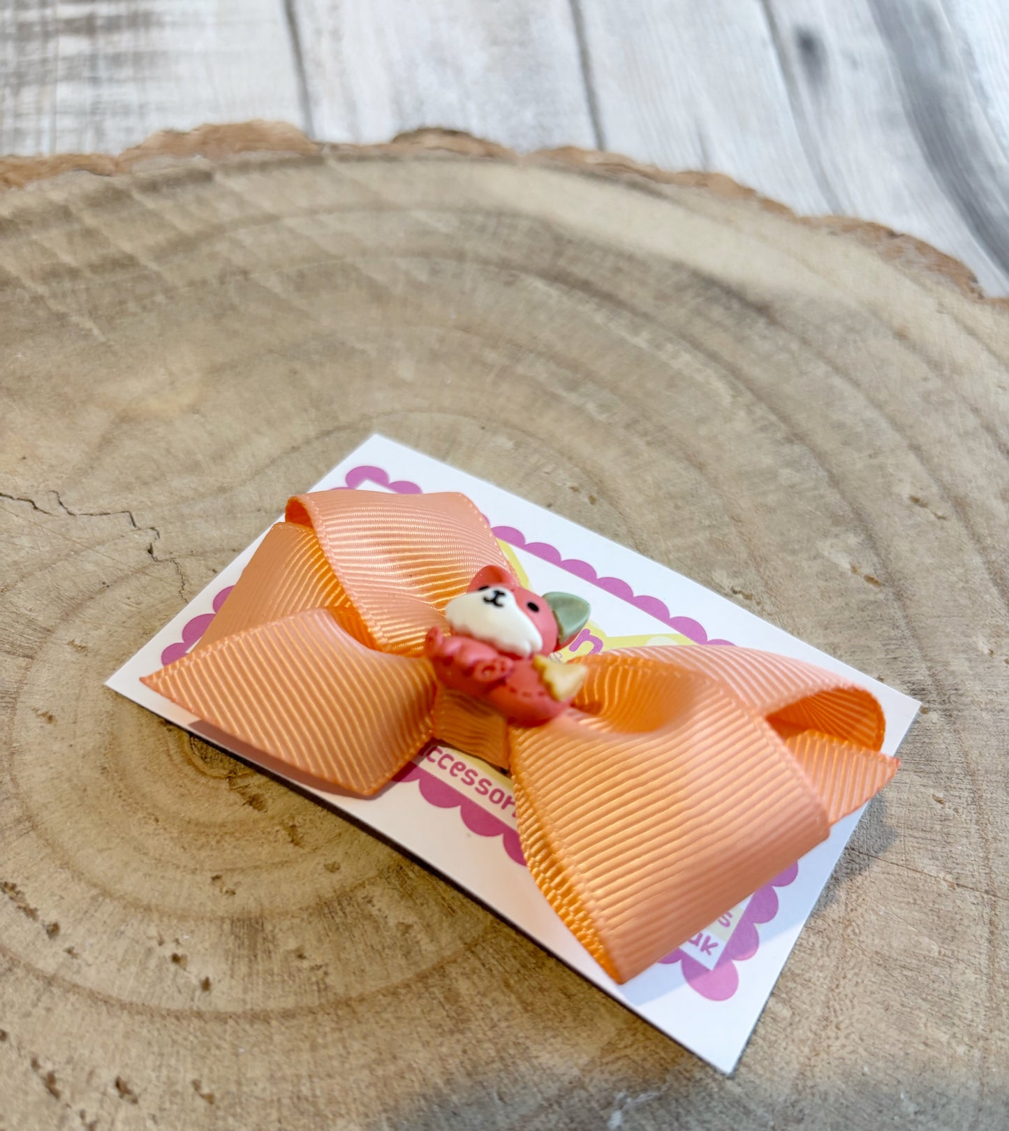 🎀 Peach Bow Hair Clip with Cute Fox Centre 🎀