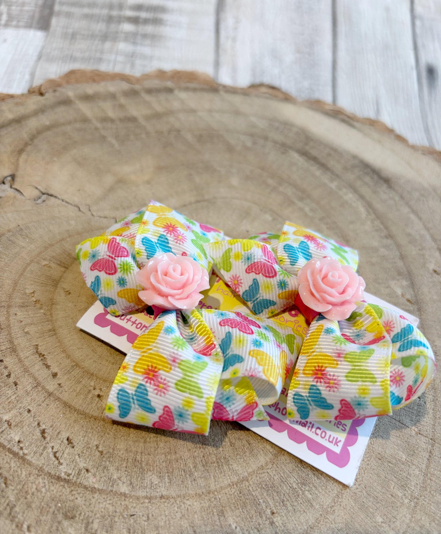 🎀 Butterfly Print Bow Hair Clip Set with Pink Rose Centre 🎀