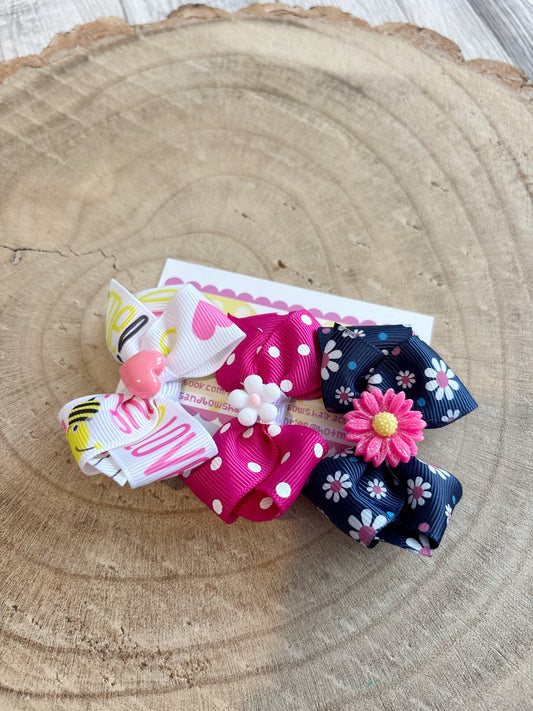🌸 Pink & Daisy Bow Clip Set – Set of 3 🌸