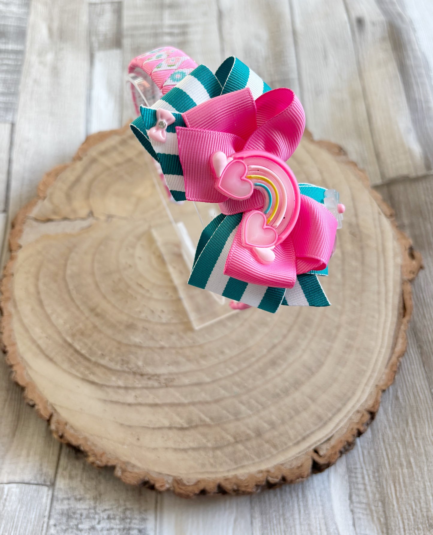 Pink Rainbow Bow Hairband – Handmade Girls Hairband with Non-Slip Grip