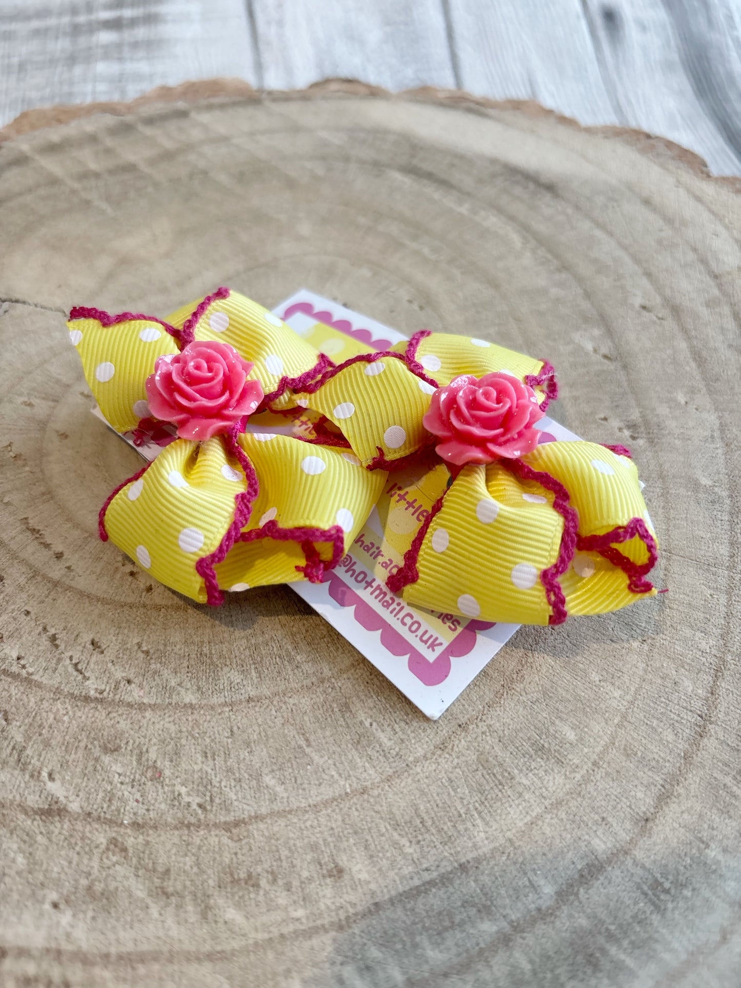 💛 Yellow Polka Dot Hair Bow Set with Rose Centre – Set of 2 💛