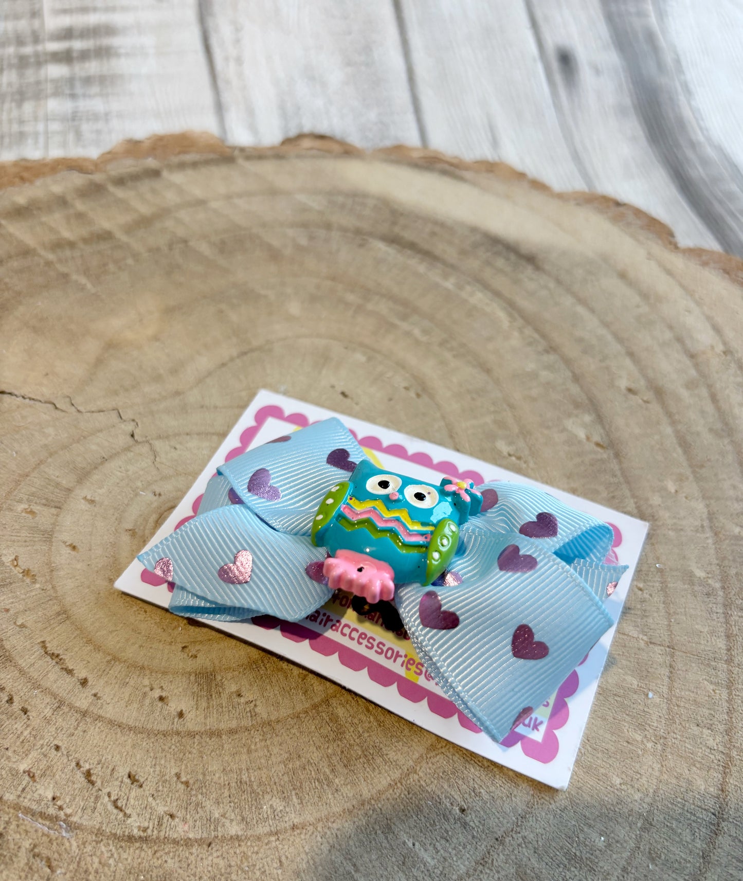 Blue Heart Bow Hair Clip with Owl Centre