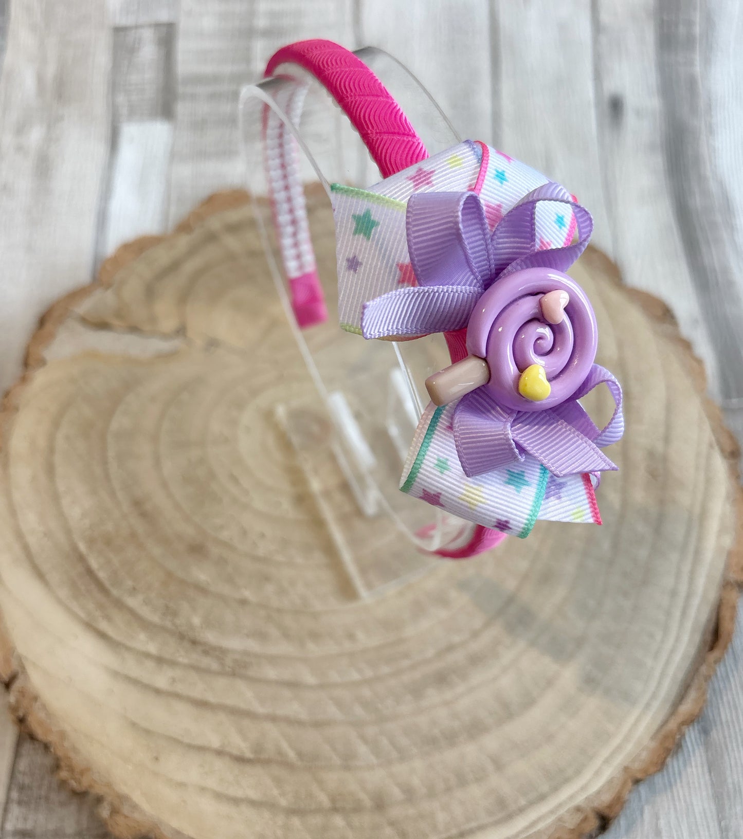 🍭✨ Lollipop Bow Headband – Pink, Lilac & Star Print ✨🍭