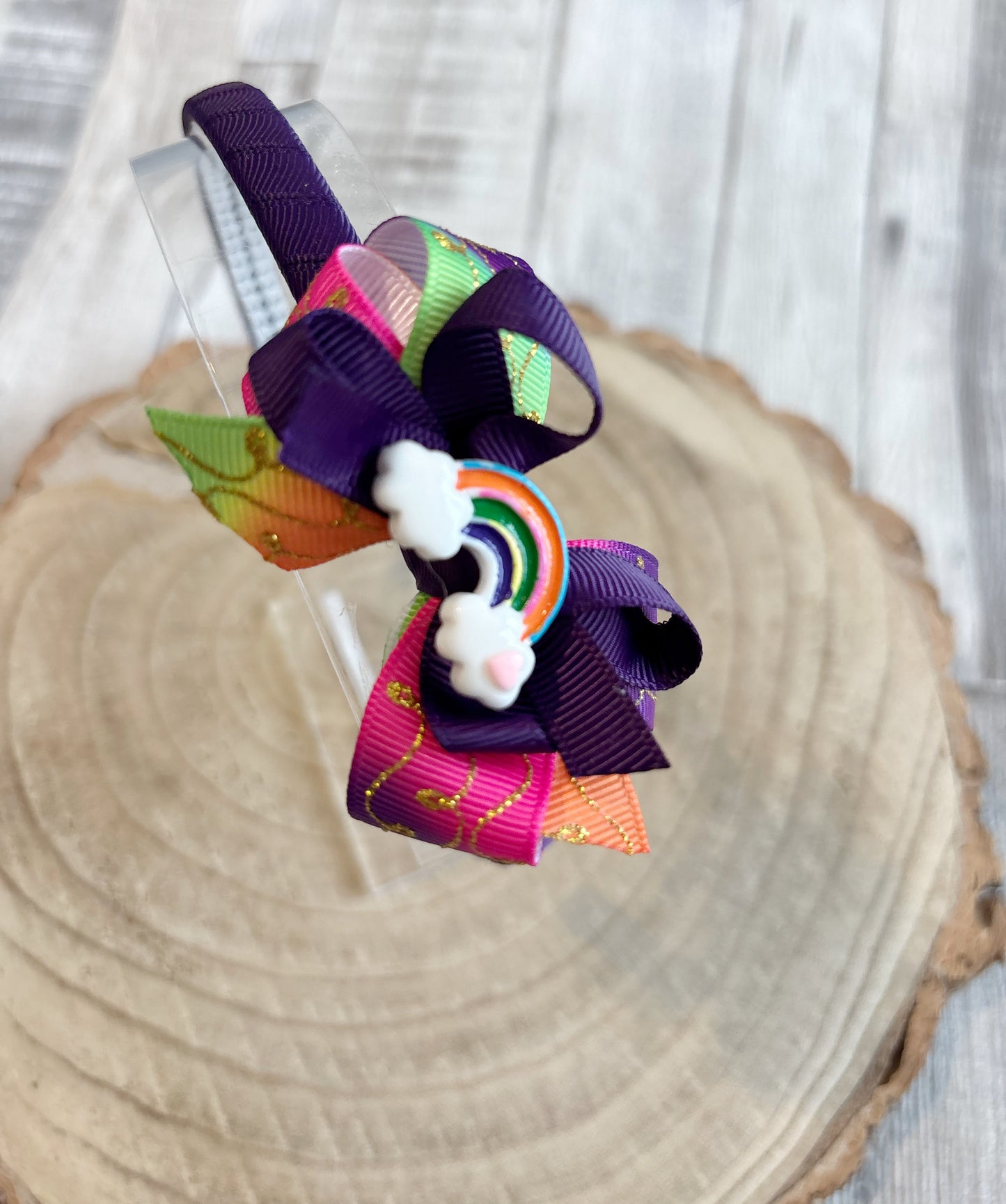 🌈✨ Rainbow Bow Headband – Purple & Bright Mix ✨🌈