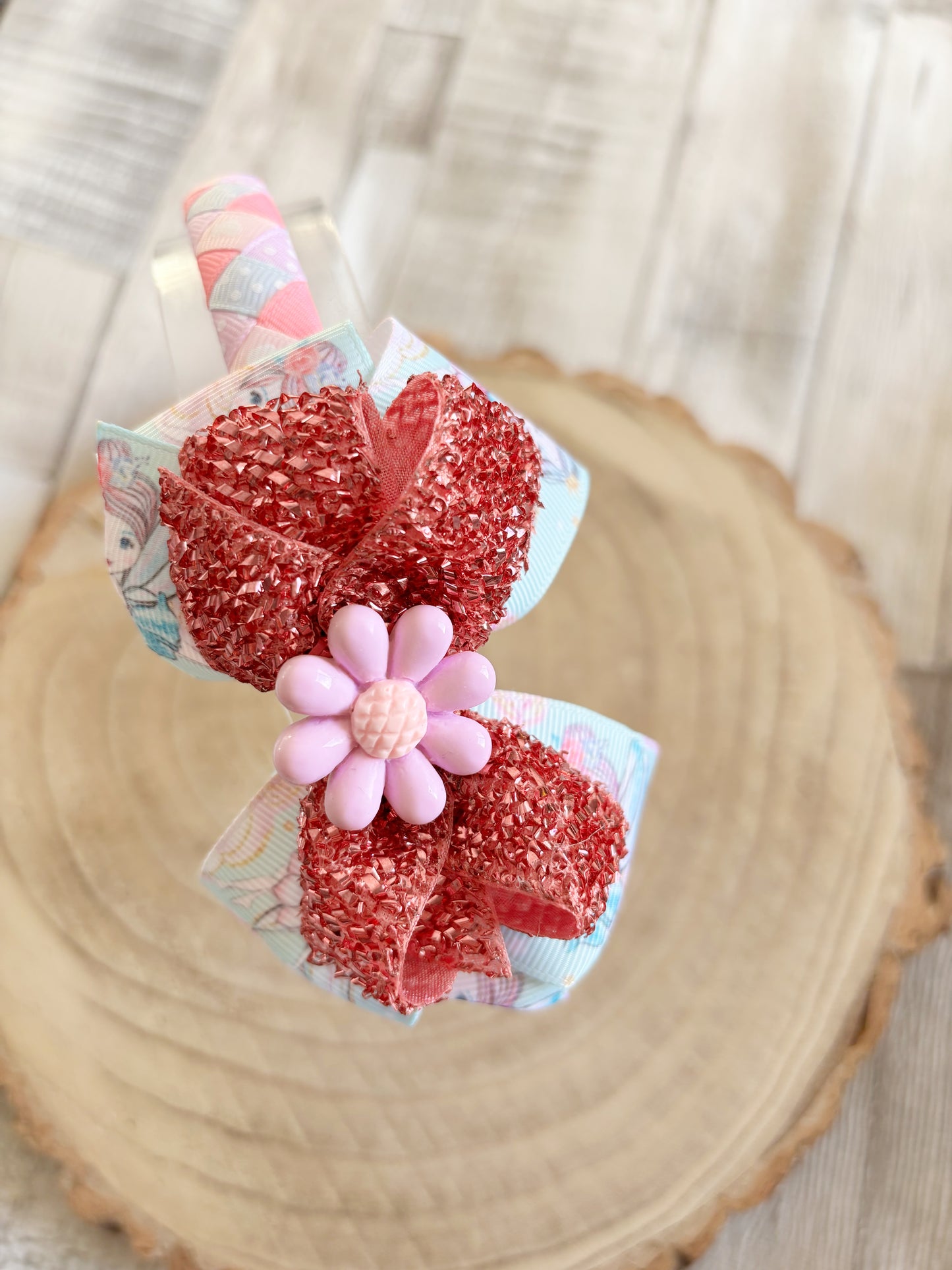 Pink Glitter Flower Bow Hairband – Handmade with Non-Slip Grip