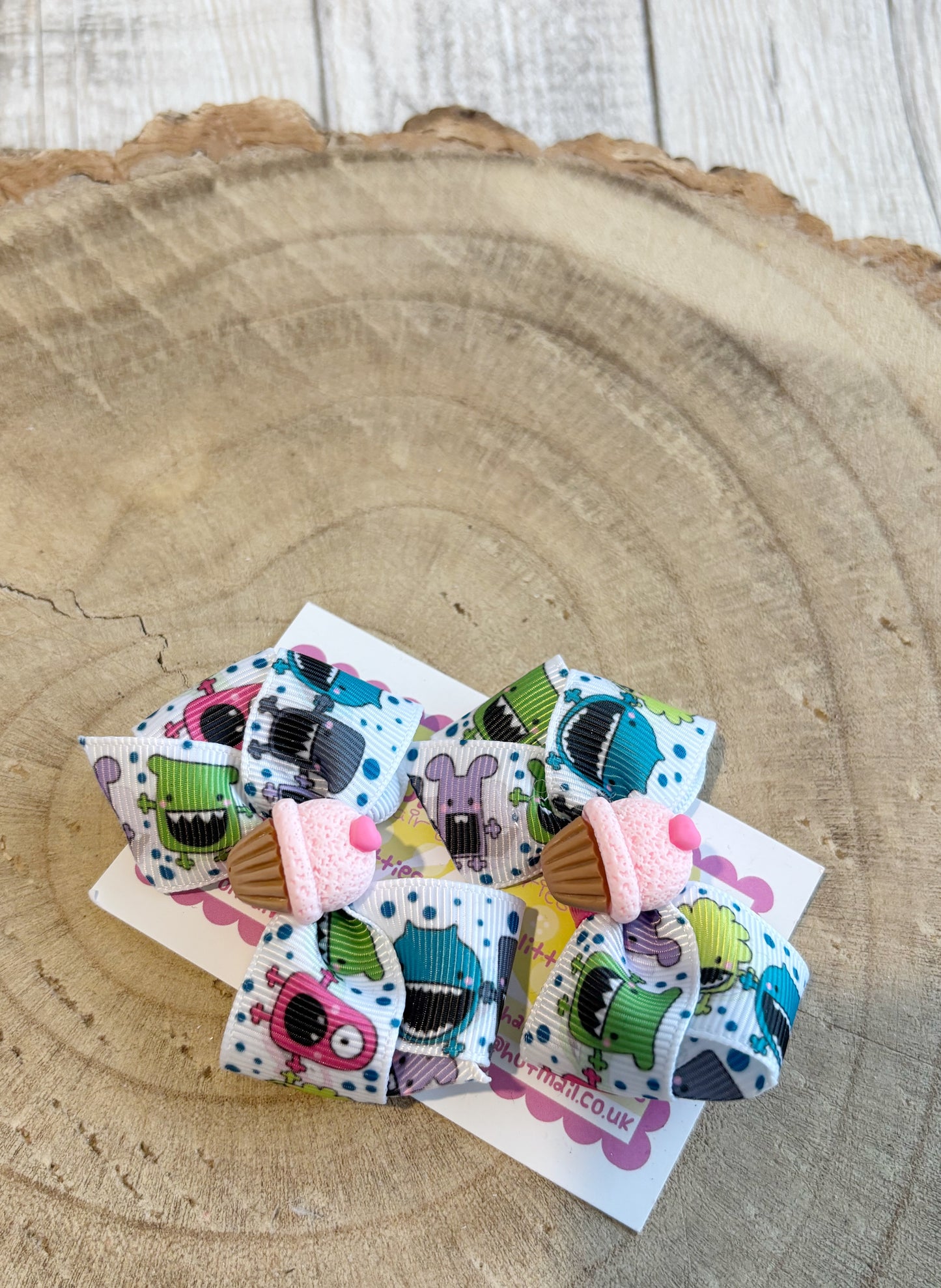 🎀 Monster Print Bow Hair Clip Set with Cupcake Centre 🎀
