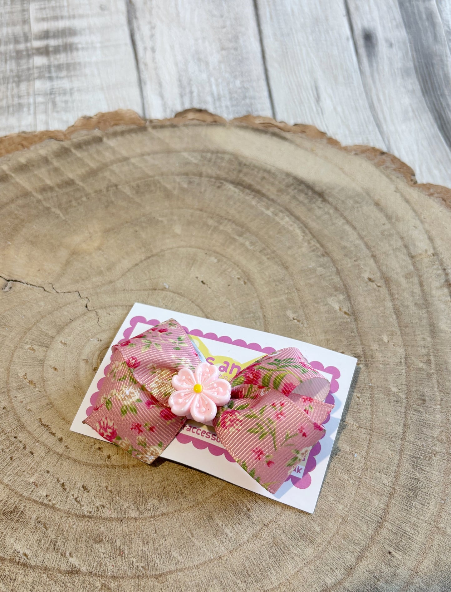Pink Floral Bow Hair Clip with Flower Centre