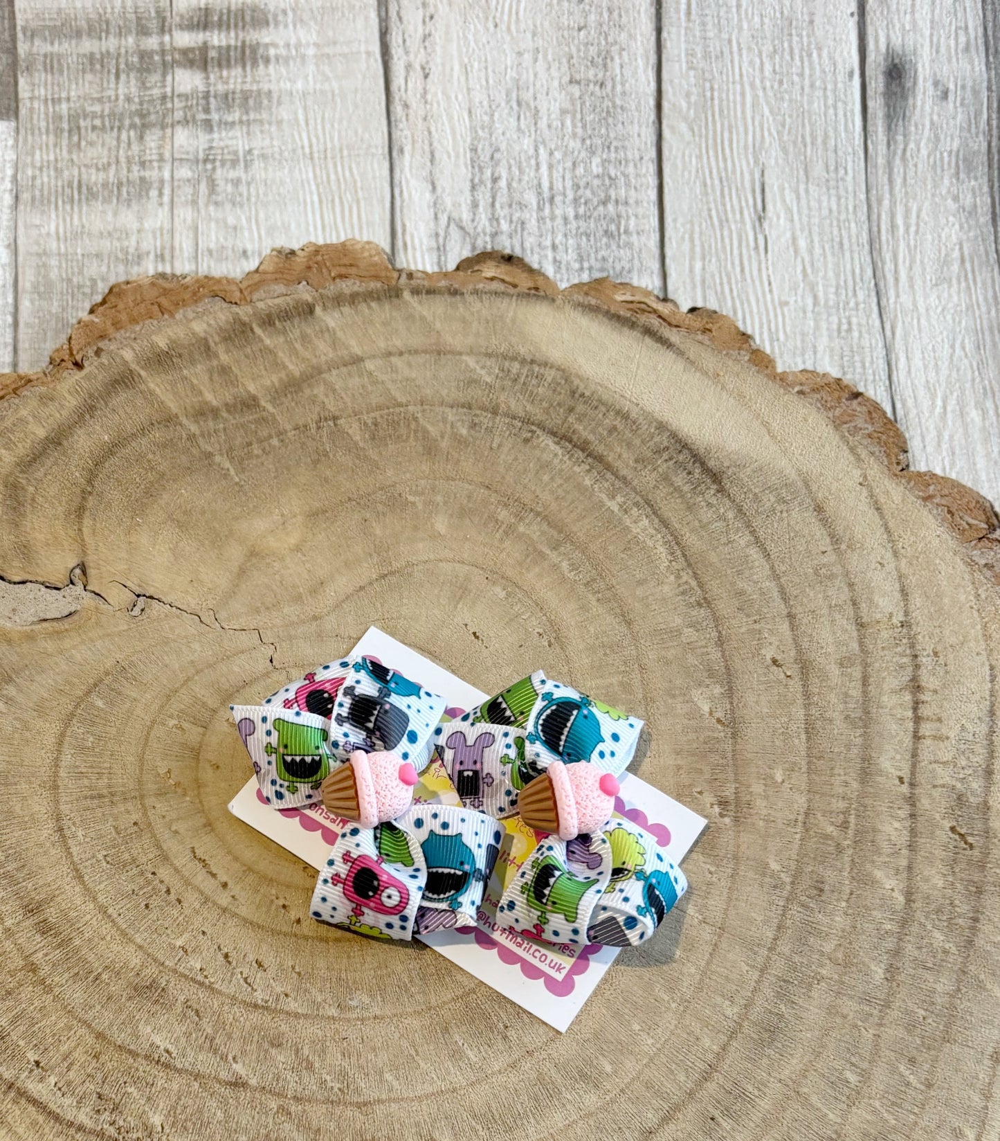🎀 Monster Print Bow Hair Clip Set with Cupcake Centre 🎀