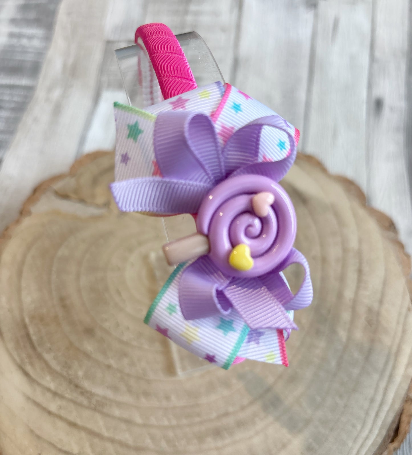🍭✨ Lollipop Bow Headband – Pink, Lilac & Star Print ✨🍭
