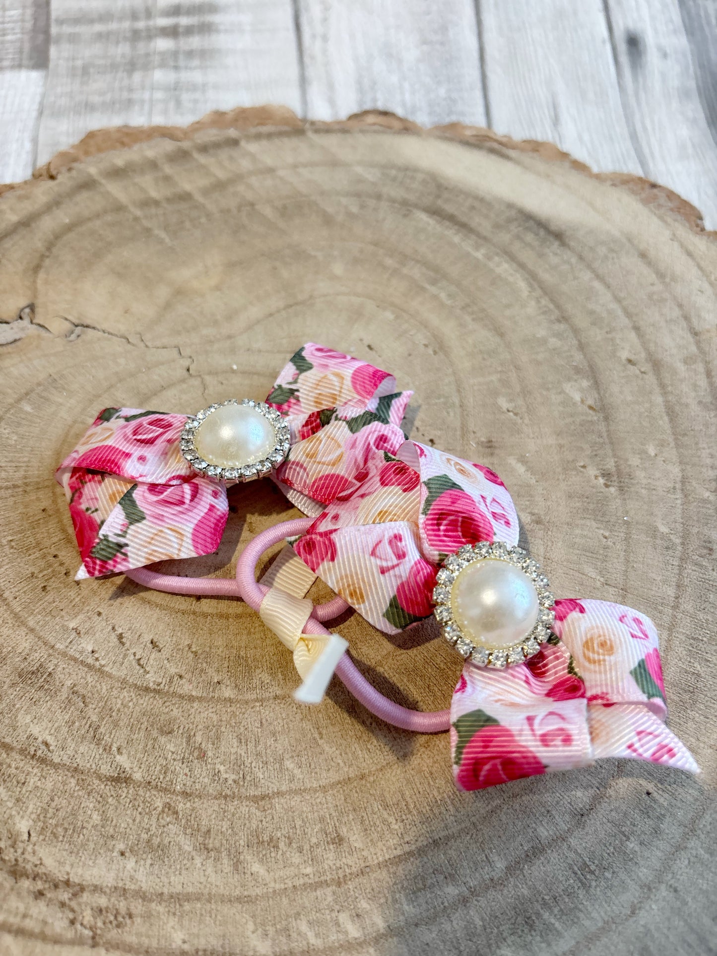 Pink Rose Pearl Bow Hair Bobbles – Handmade Pair