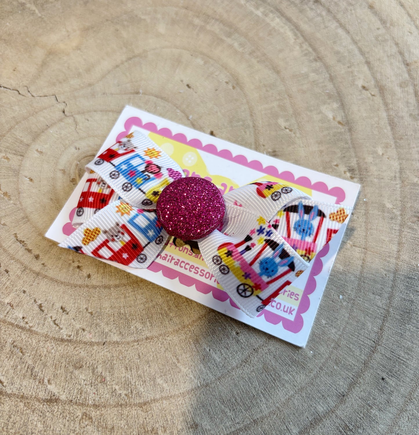 Transport Print Bow Hair Clip with Glitter Centre – Single Clip