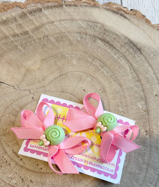 🎀 Pink Bow Hair Clip Set with Cute Lollipop Centre 🎀