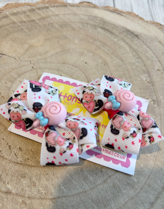 🎀 Character Print Bow Hair Clip Set with Pink Lollipop Centre 🎀
