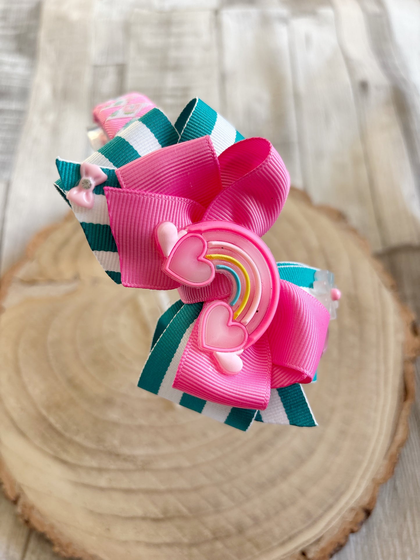 Pink Rainbow Bow Hairband – Handmade Girls Hairband with Non-Slip Grip