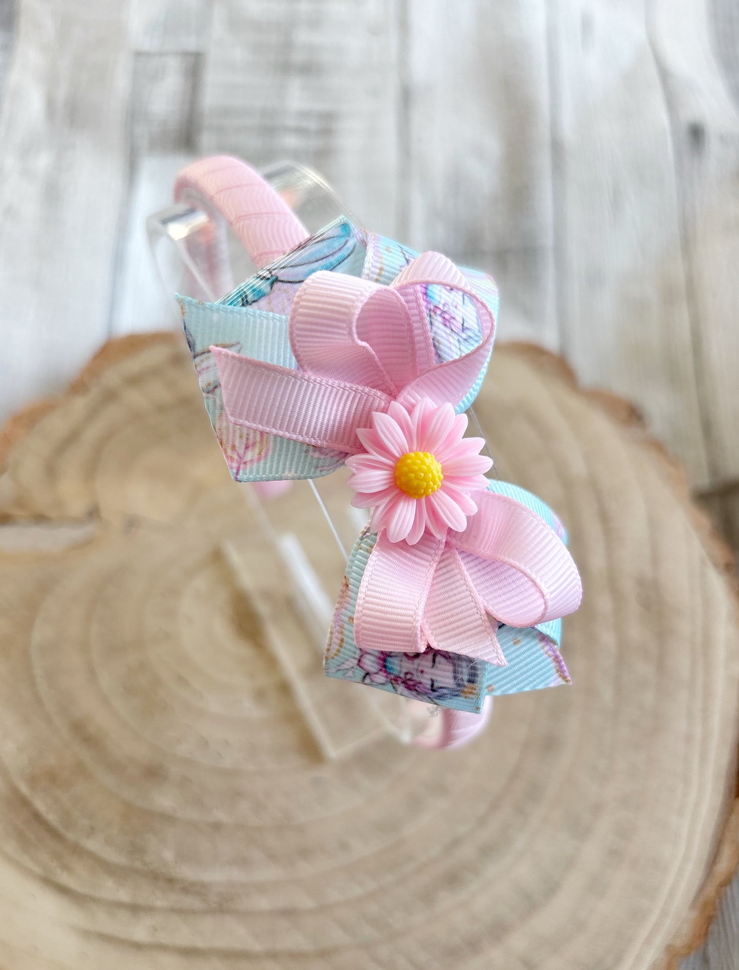 Pink Daisy Bow Hairband – Handmade with Non-Slip Grip