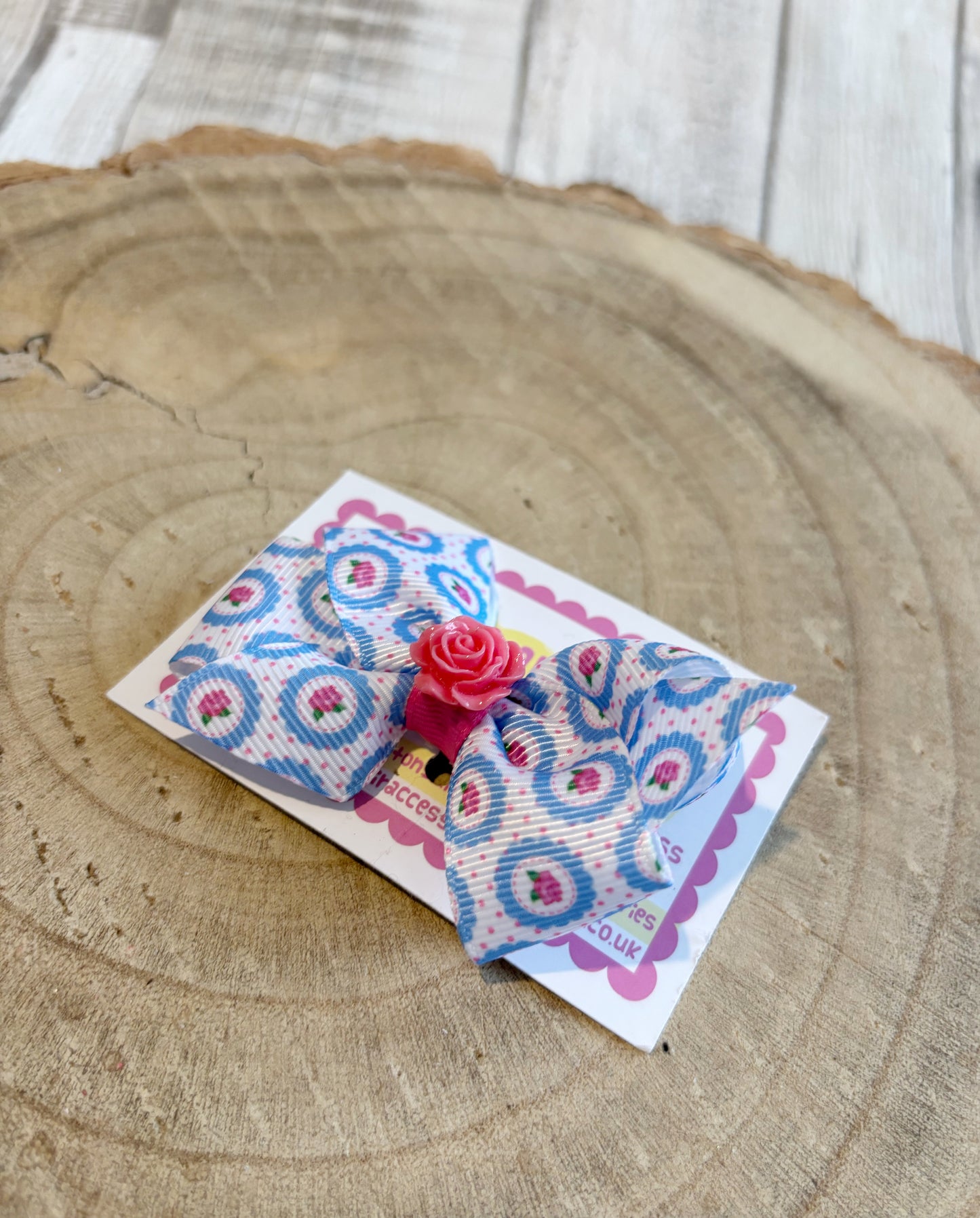 🎀 Blue Patterned Bow Hair Clip with Pink Rose Centre 🎀