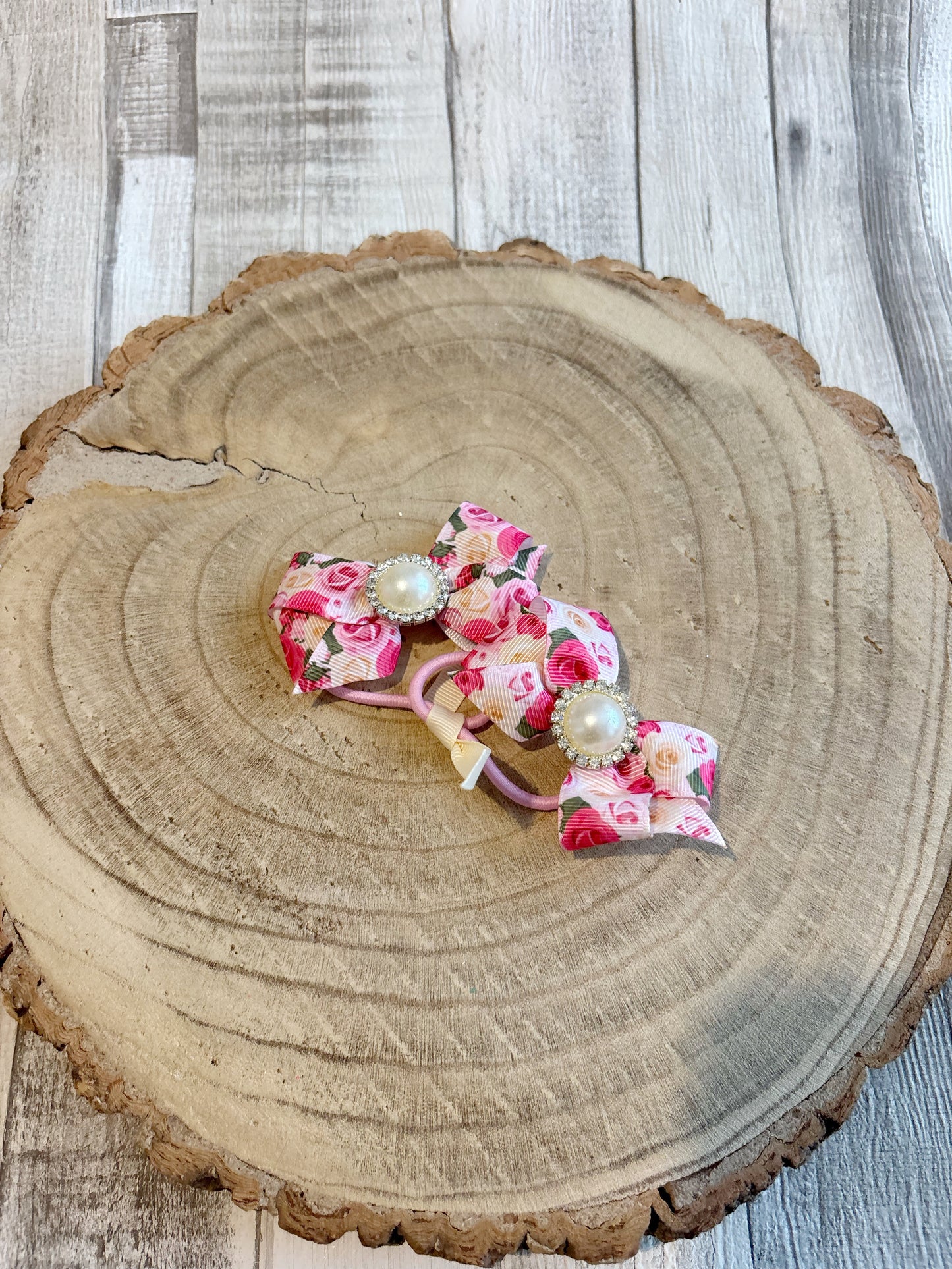 Pink Rose Pearl Bow Hair Bobbles – Handmade Pair