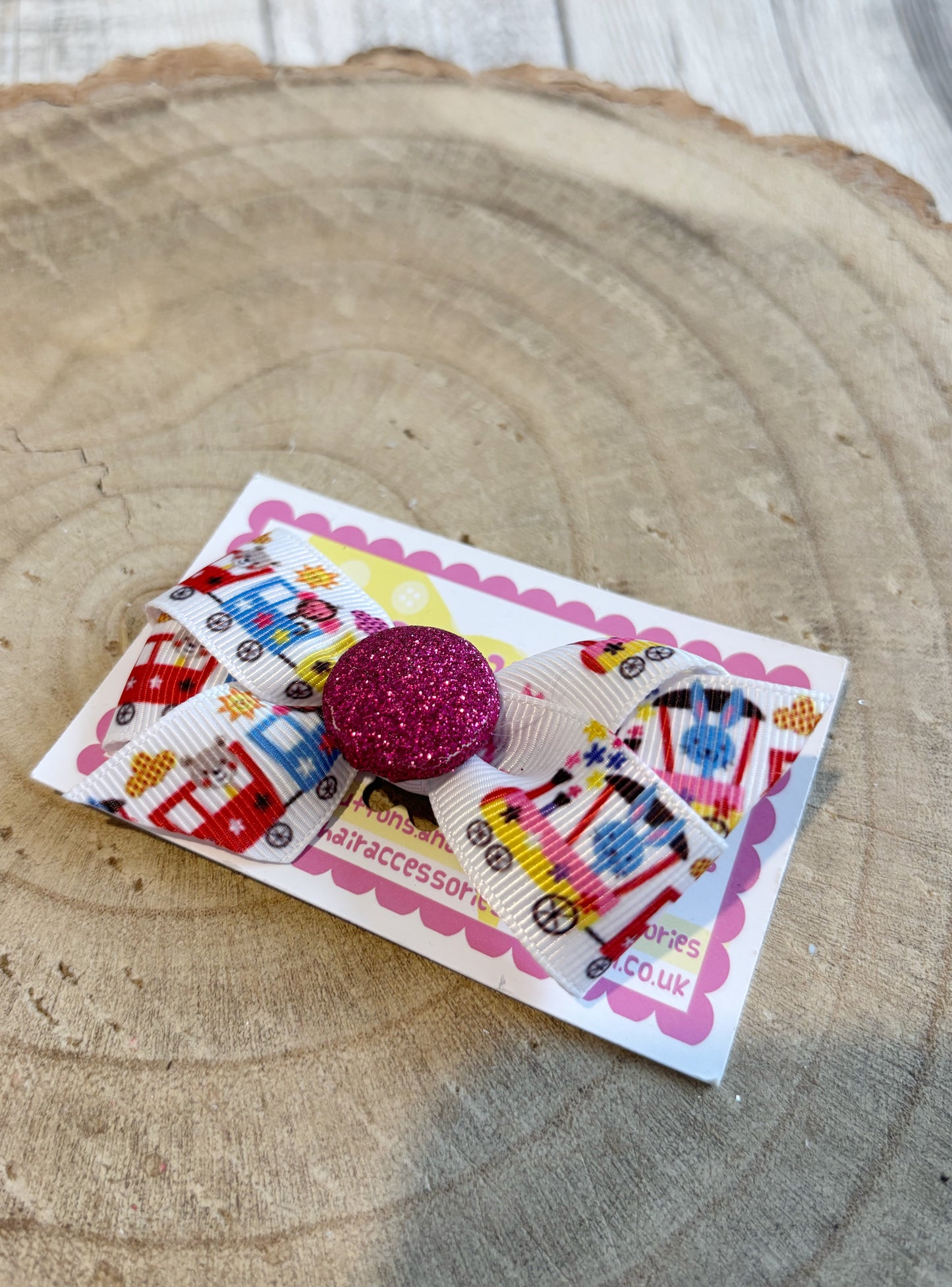 Transport Print Bow Hair Clip with Glitter Centre – Single Clip