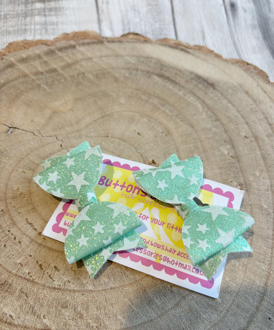 Mint Star Glitter Bow Hair Clips – Set of 2