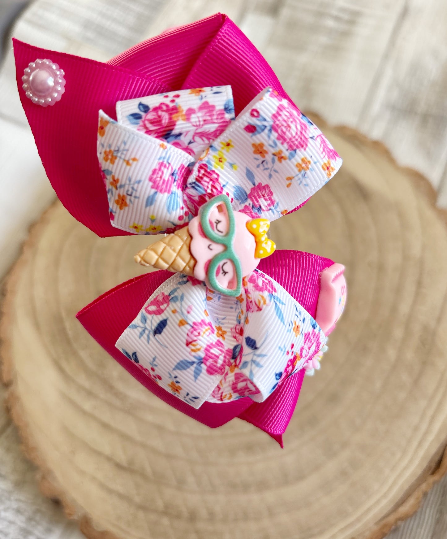 Pink Floral Ice Cream Bow Hairband – Handmade with Non-Slip Grip