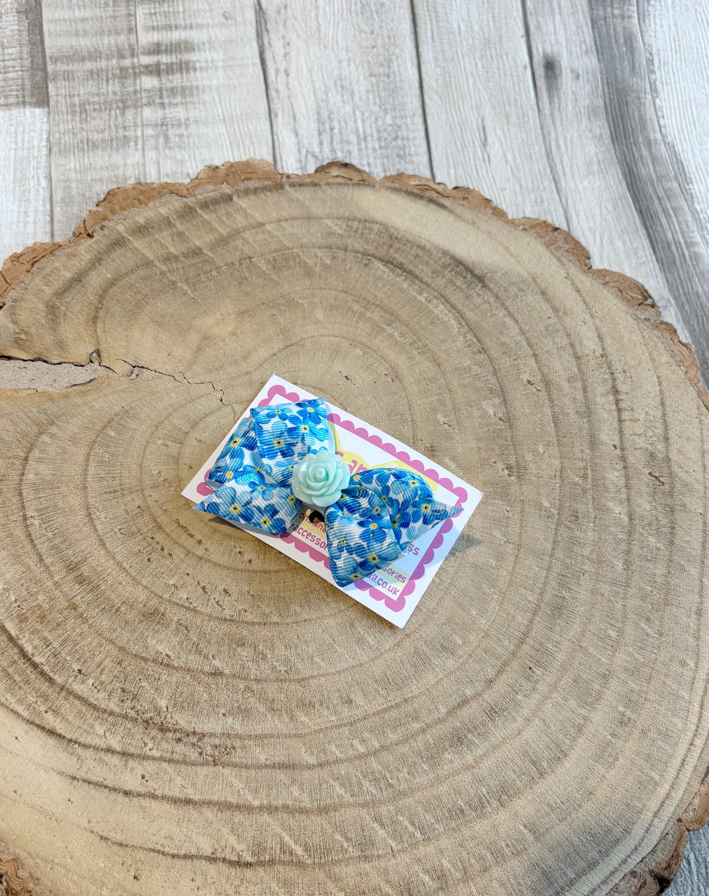 Blue Floral Bow Hair Clip with Rose Centre – Single Clip