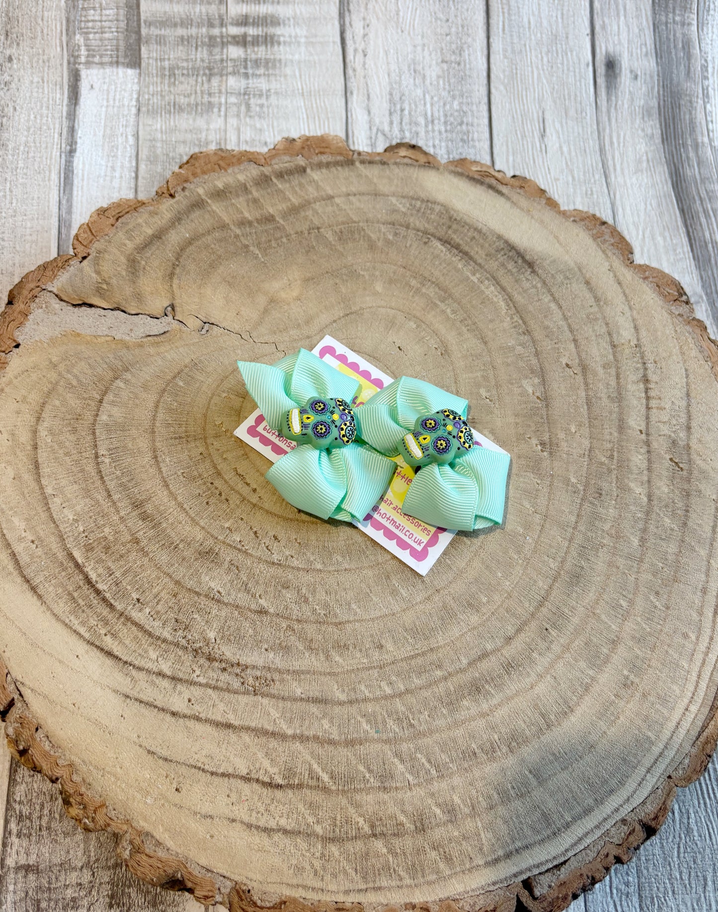 Mint Bow Hair Clips with Skull Centre – Set of 2