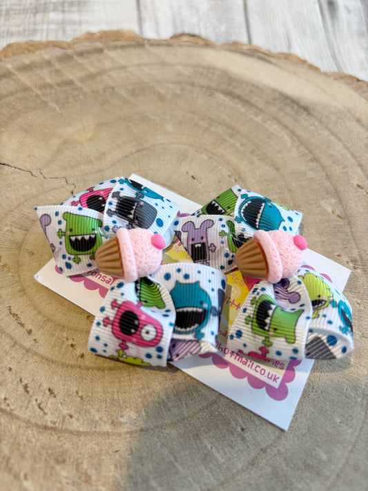 🎀 Monster Print Bow Hair Clip Set with Cupcake Centre 🎀