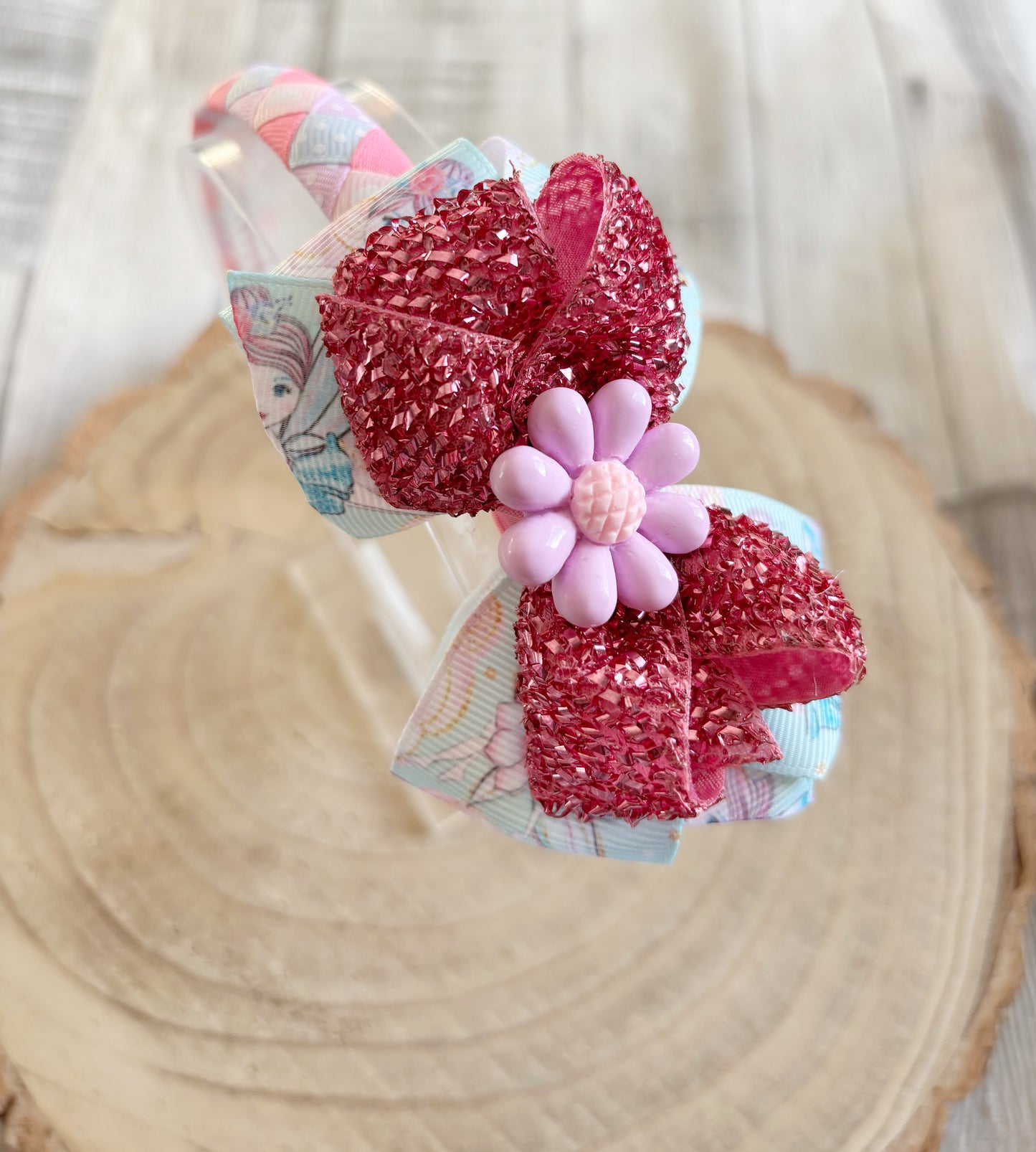 Pink Glitter Flower Bow Hairband – Handmade with Non-Slip Grip