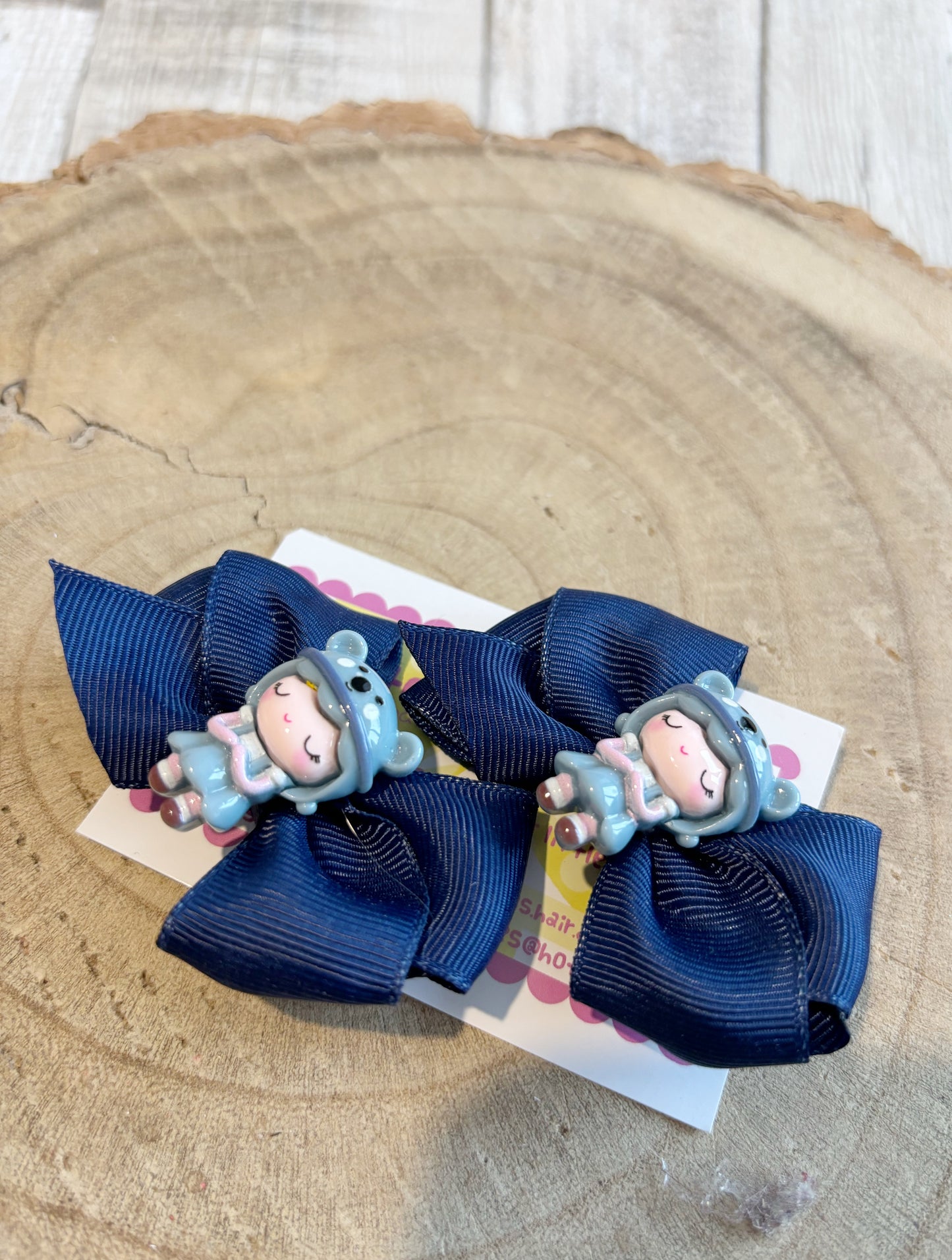 🎀 Navy Bow Hair Clip Set with Cute Doll Centre 🎀