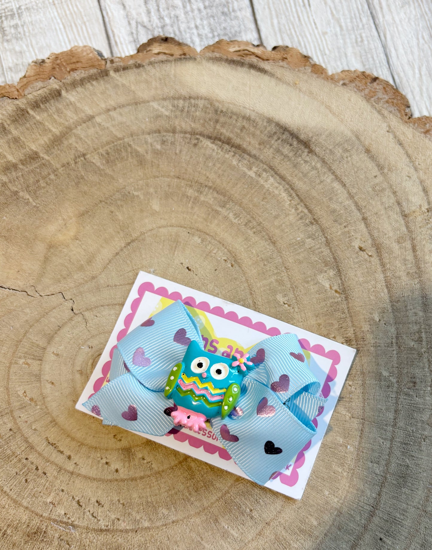 Blue Heart Bow Hair Clip with Owl Centre