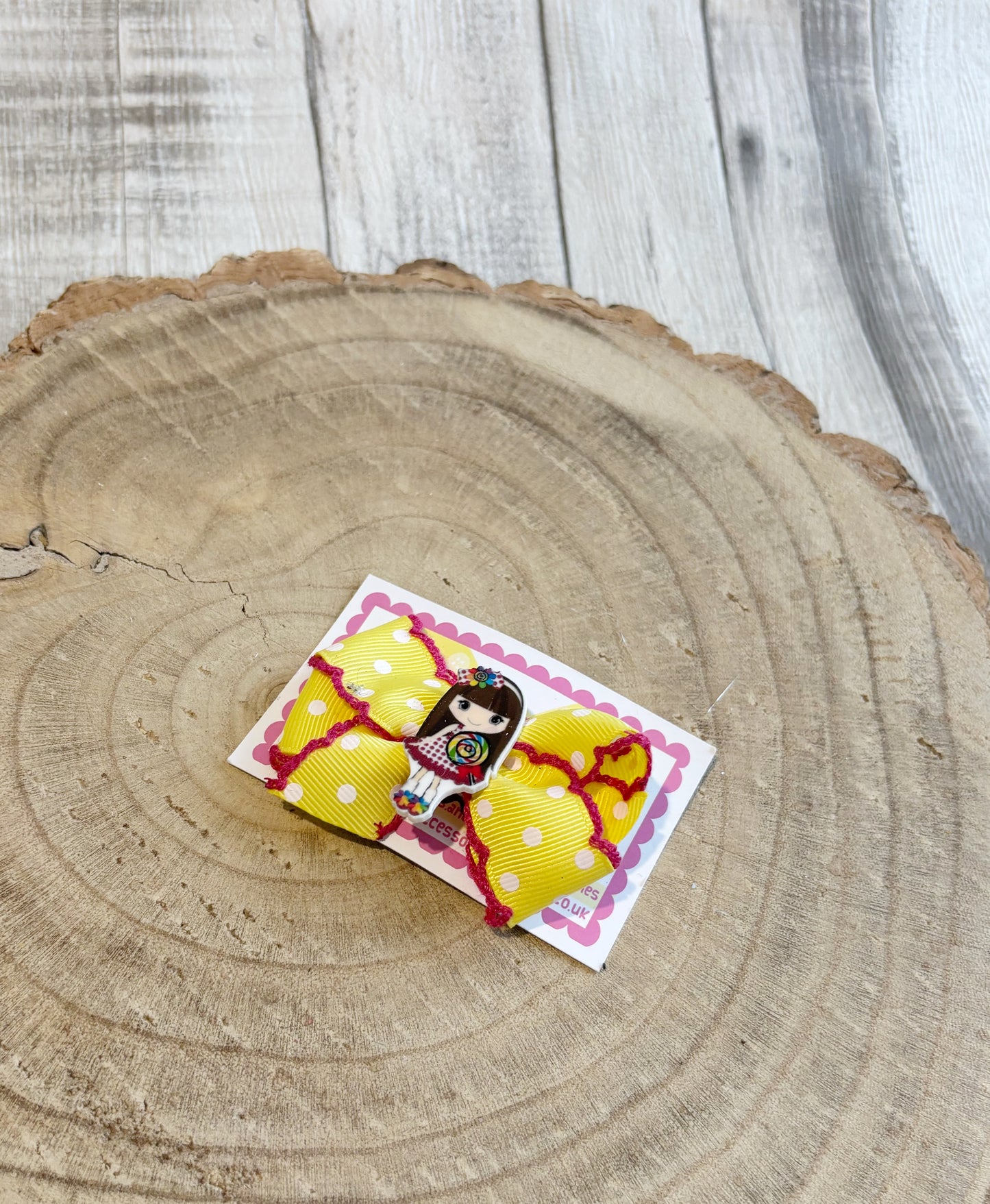 🎀 Yellow Polka Dot Bow Hair Clip with Cute Lollipop Girl 🎀
