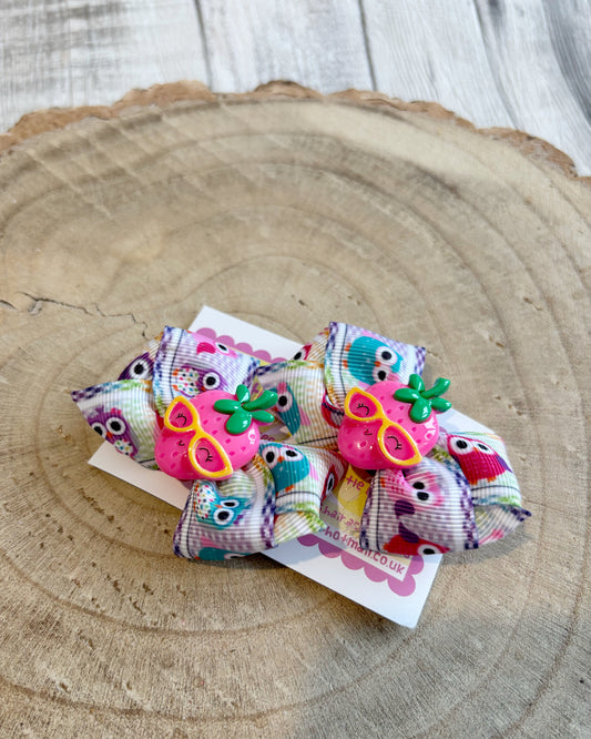 🦉 Owl & Strawberry Hair Bow Set – Set of 2 🦉