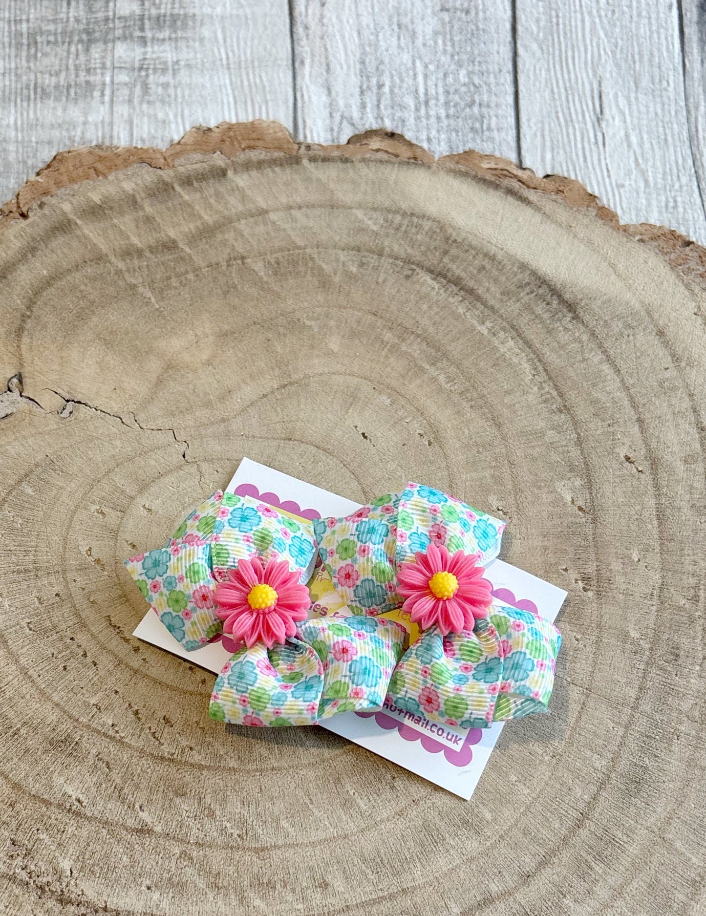 🌸 Floral Hair Bow Set with Pink Flower Centre – Set of 2 🌸