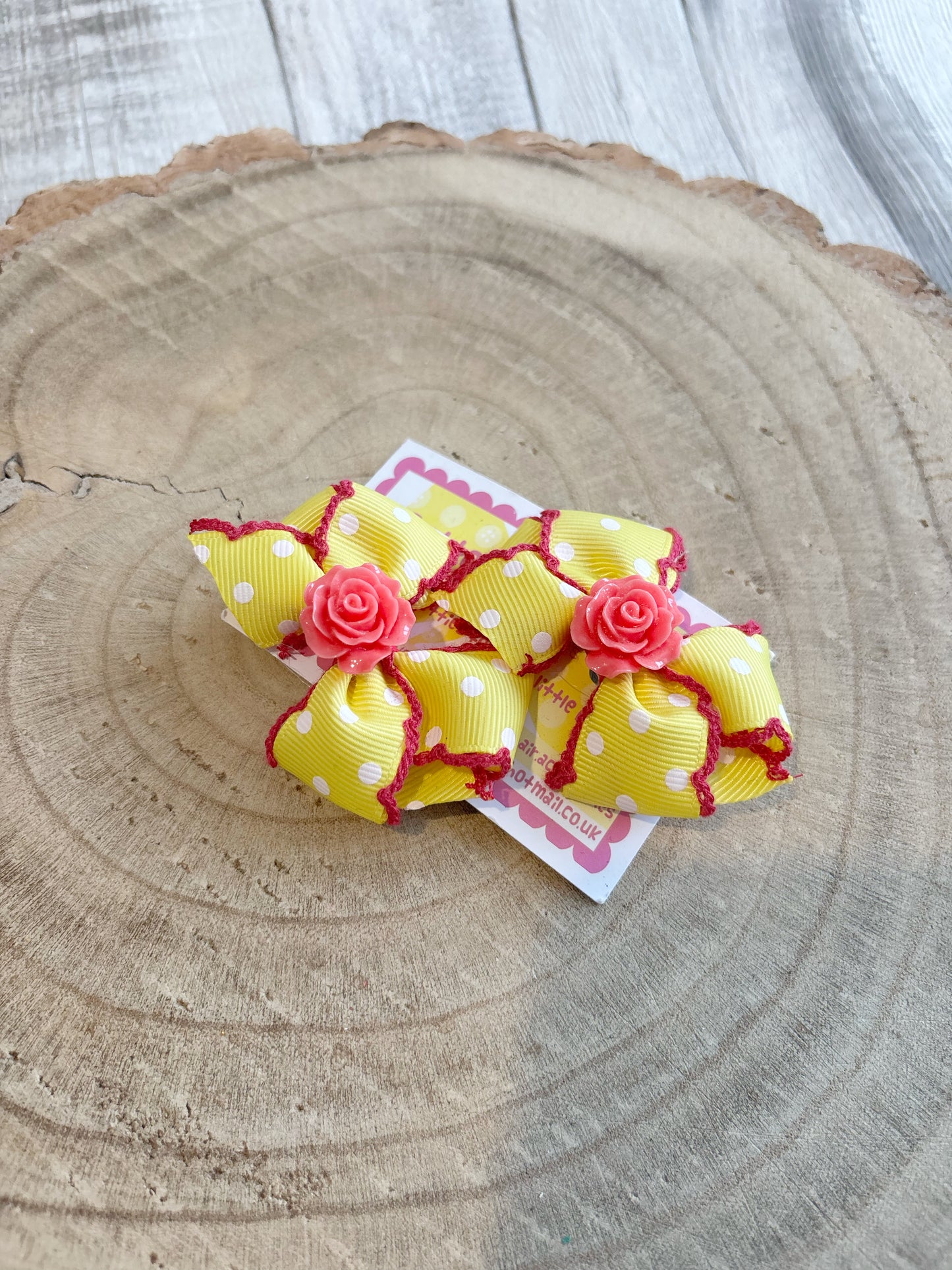 💛 Yellow Polka Dot Hair Bow Set with Rose Centre – Set of 2 💛