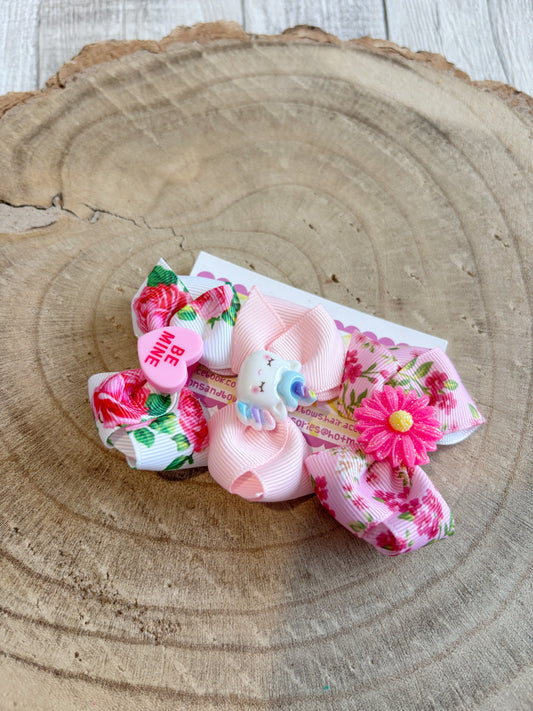 🌸 Floral & Sweet Character Bow Clip Set – Set of 3 🌸
