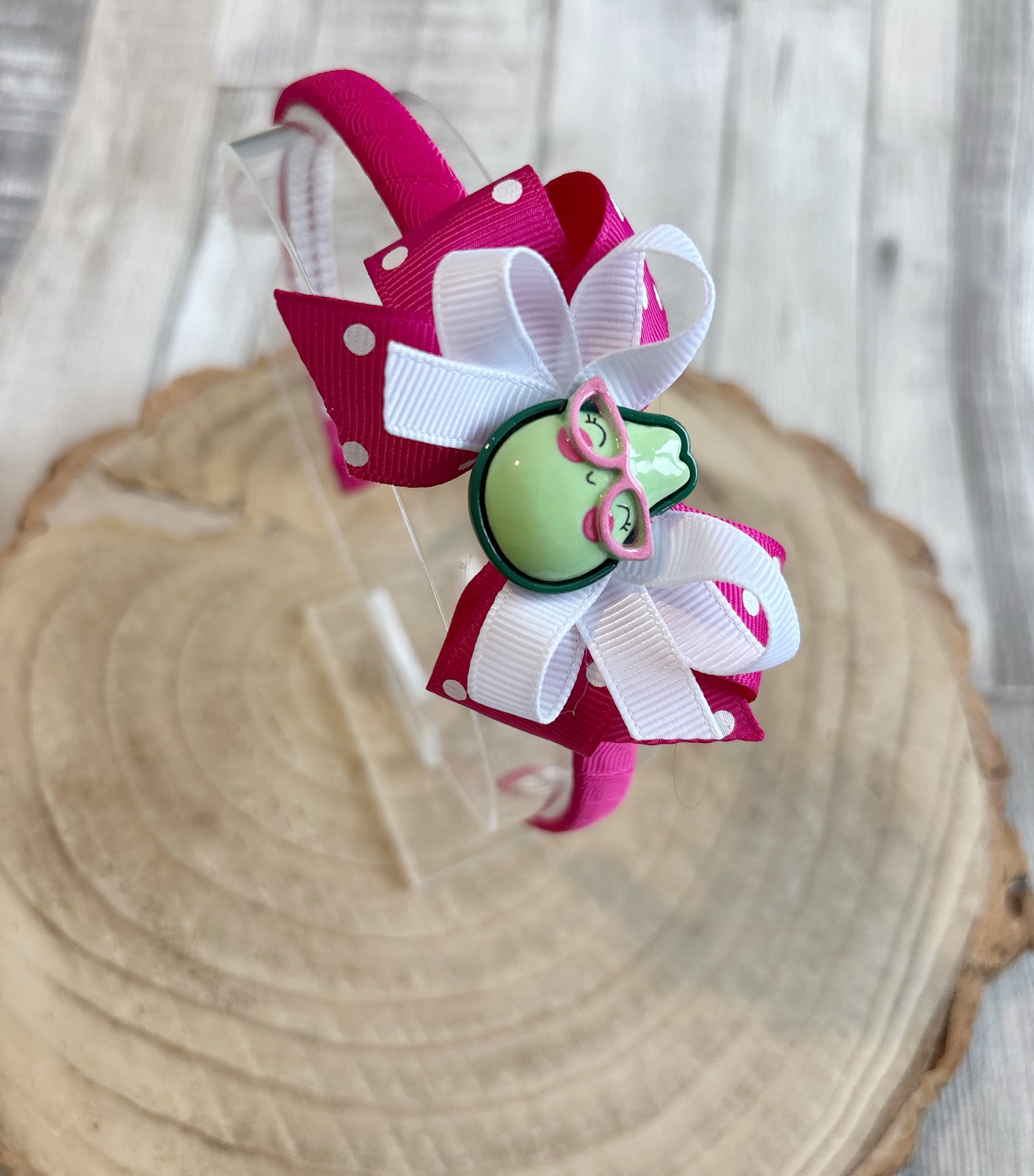 🥑✨ Avocado Bow Headband – Pink & White Polka Dot ✨🥑