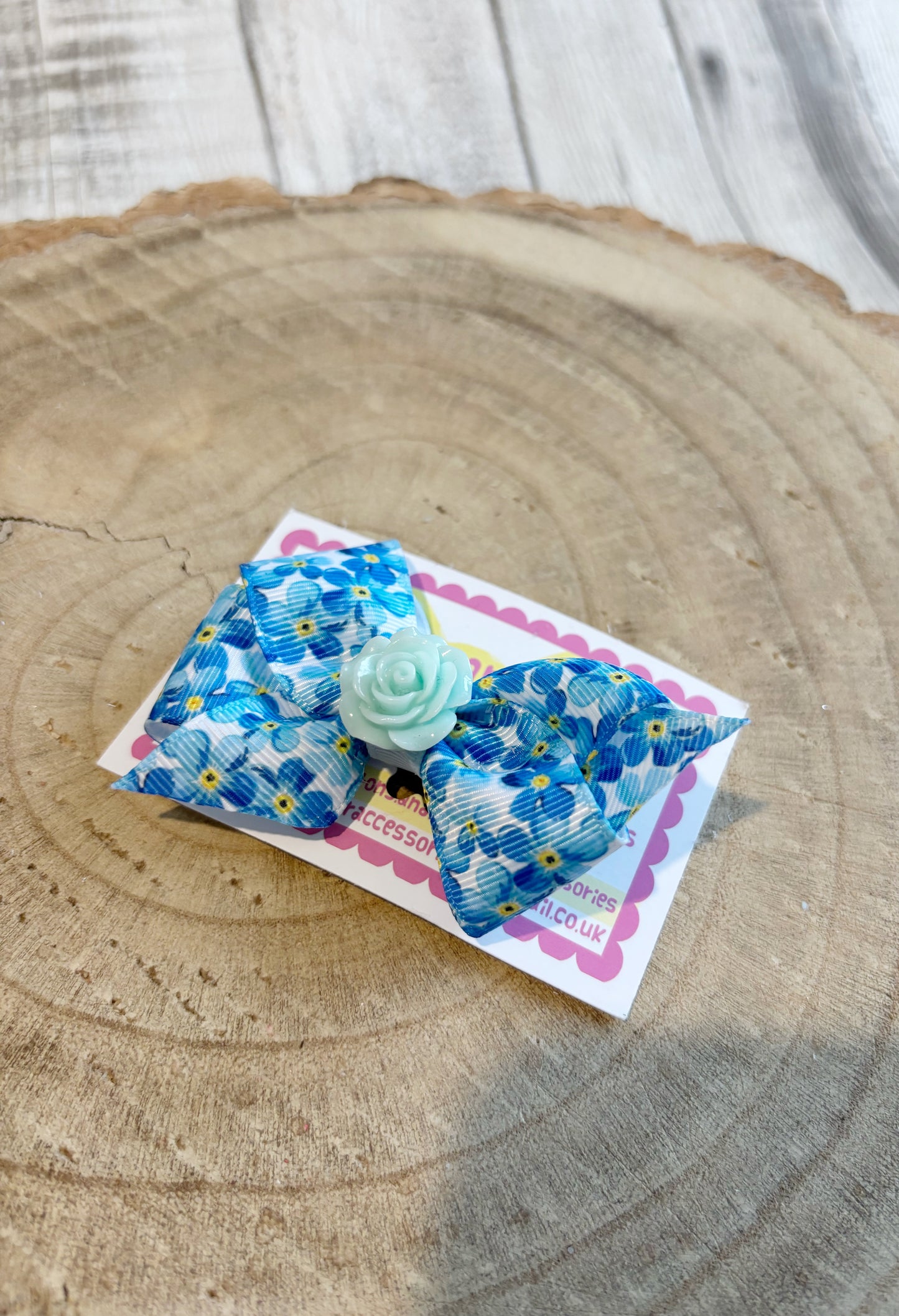 Blue Floral Bow Hair Clip with Rose Centre – Single Clip