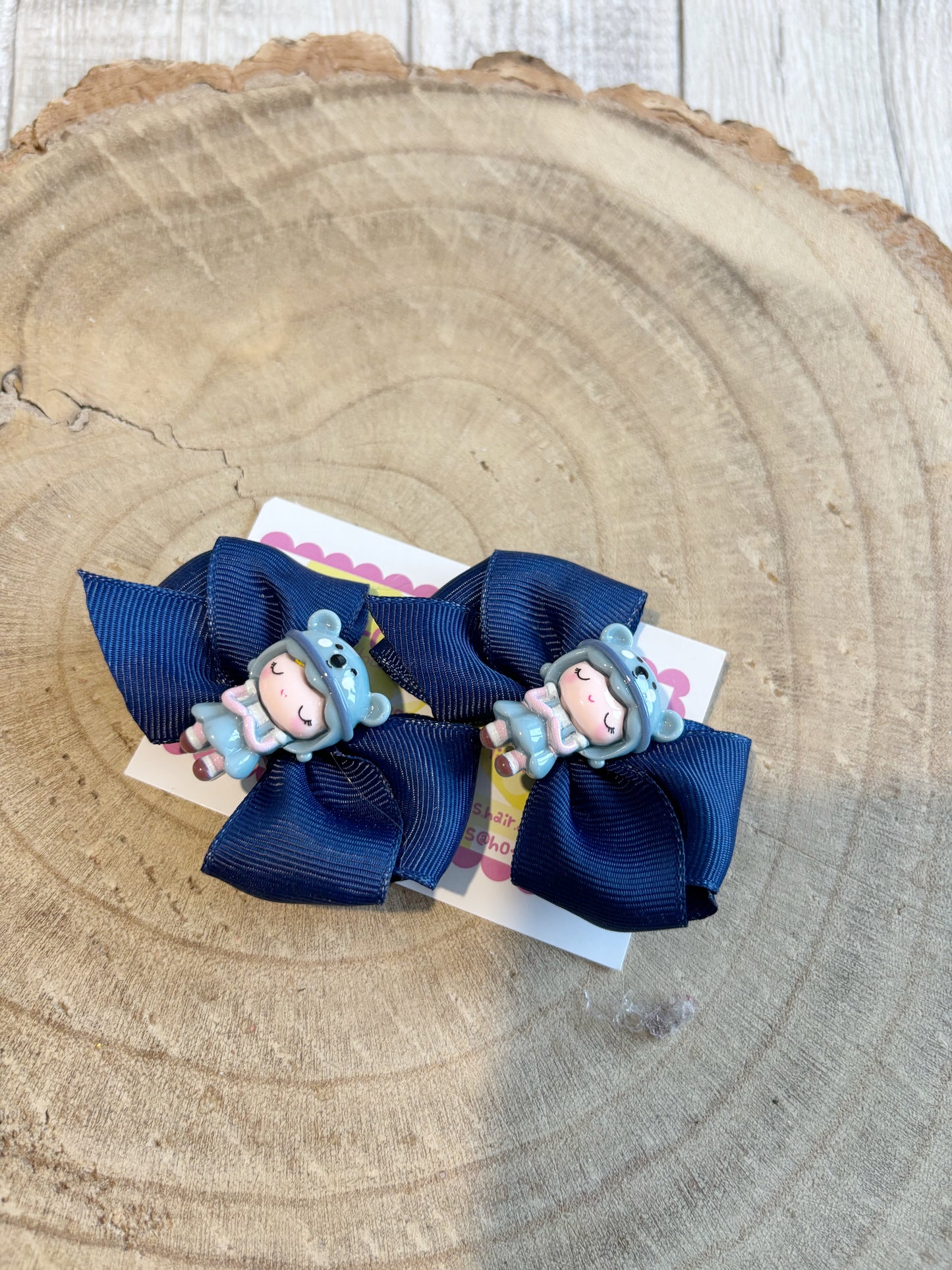 🎀 Navy Bow Hair Clip Set with Cute Doll Centre 🎀