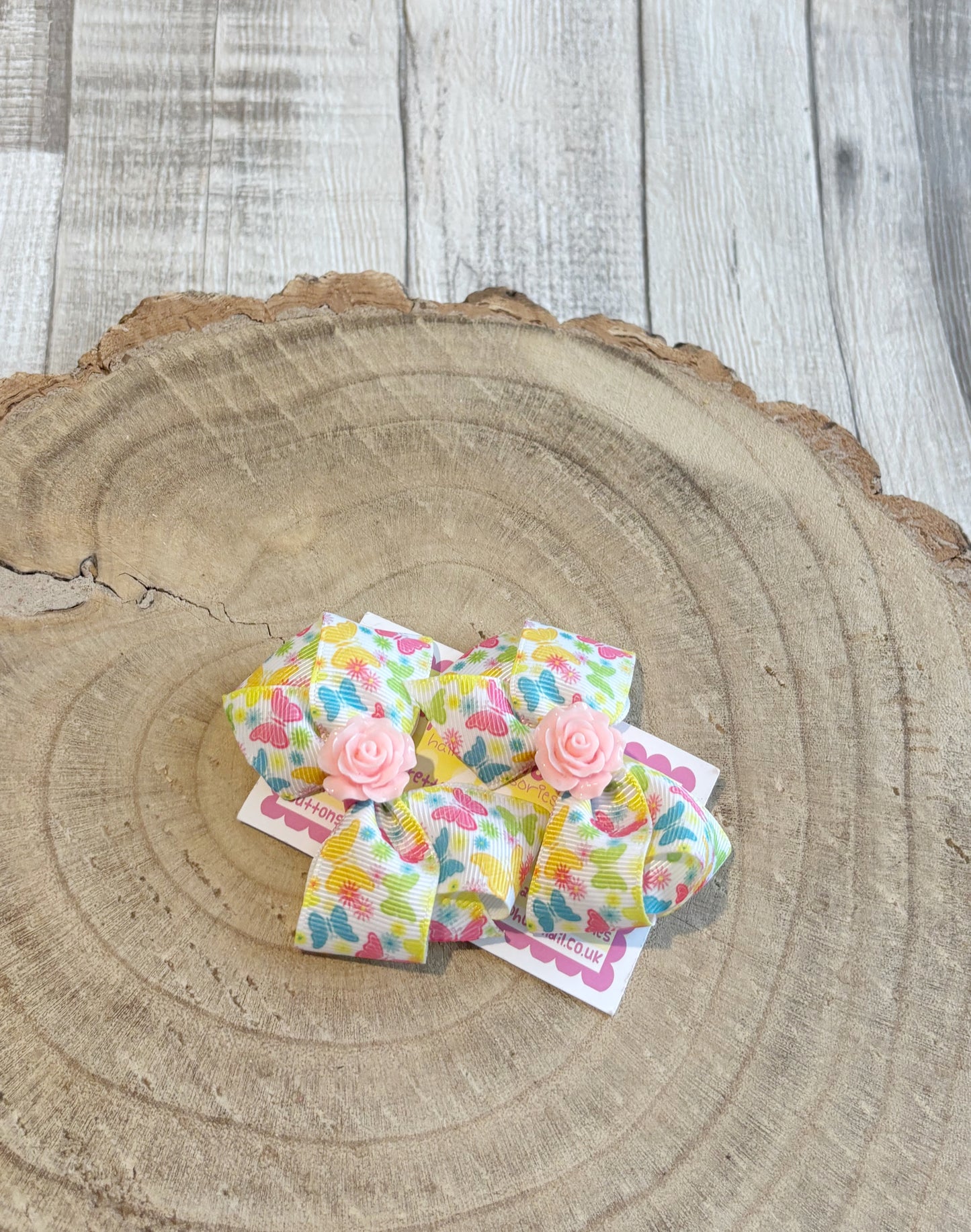🎀 Butterfly Print Bow Hair Clip Set with Pink Rose Centre 🎀