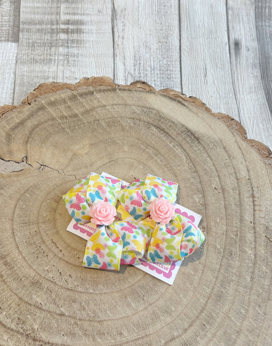 🎀 Butterfly Print Bow Hair Clip Set with Pink Rose Centre 🎀